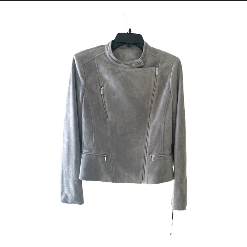 NWT! Calvin Klein Gray Faux Suede Moto Jacket | Size 6